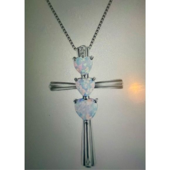 UNIQUE WHITE OPAL HEARTS ON STERLING SILVER CROSS NECKLACE - Picture 2 of 3